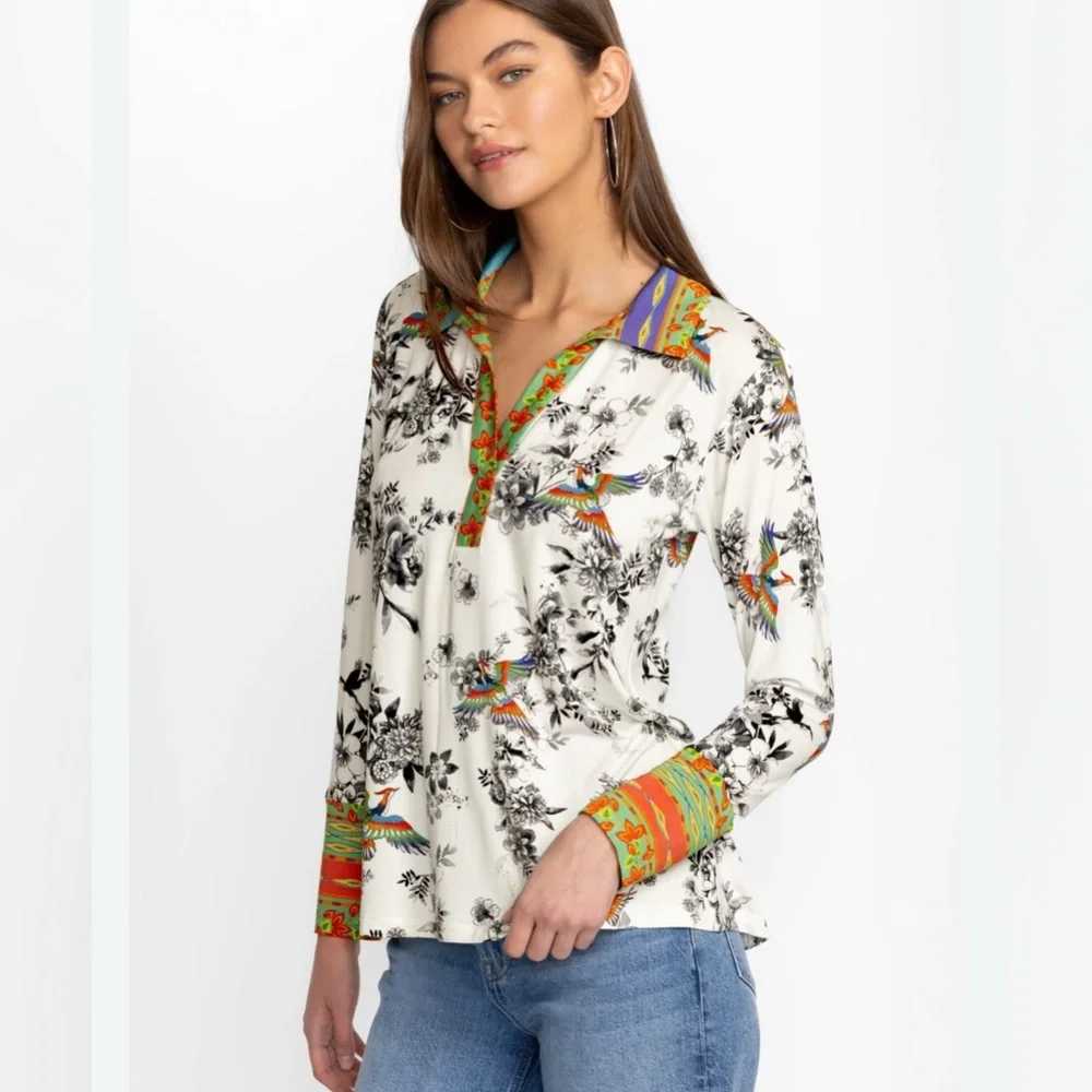 Johnny Was Floral and Bird Print Long Sleeve Shirt. Dreamer Garden. Size Medium - Picture 3 of 5